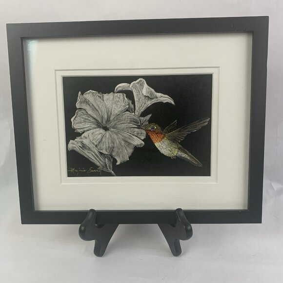 Framed Art Painting Moody Floral Hummingbird Flowers Scratchboard Small Folk Art - Picture 1 of 11